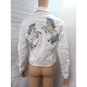 LulaRoe Harvey Unicorns White Denim Jean Jacket Sz XS Cotton Patches Fantasy